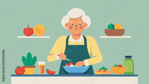 A healthconscious senior meal preps for the week ahead portioning out a variety of wholesome meals to ensure they have convenient and nutritious options on hand.. Vector illustration