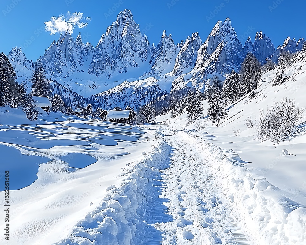 Fototapeta premium A snow covered path leads toward majestic mountain peaks scenery