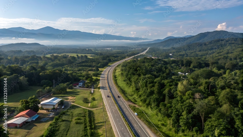 Scenic road cutting through lush green hills with distant mountains under a bright blue sky. Scenic road cutting through lush green hills with distant mountains under a bright blue sky.