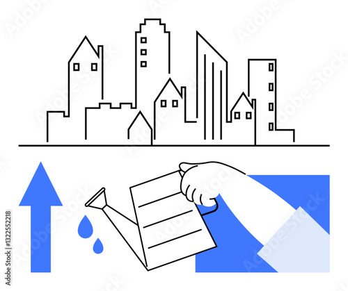 Hand pours water from a watering can toward cityscape outline, encouraging growth. Ideal for sustainability, urban planning, development, eco-investment, progress, future focus, environmental care