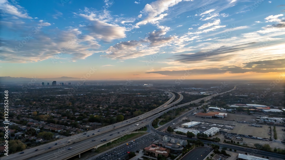 Fototapeta premium Symmetrical aerial view of sprawling highway loops amidst patches of green landscape.