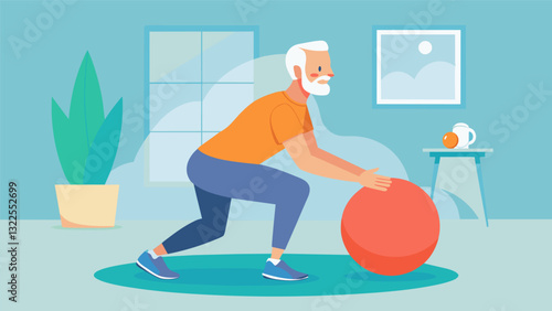 A senior man working on his balance and coordination by using a stability ball to do squats.. Vector illustration