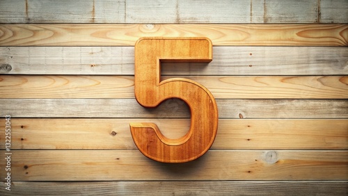 Cartoon Number Five, Wooden Texture, Minimalist Style Stock Photo