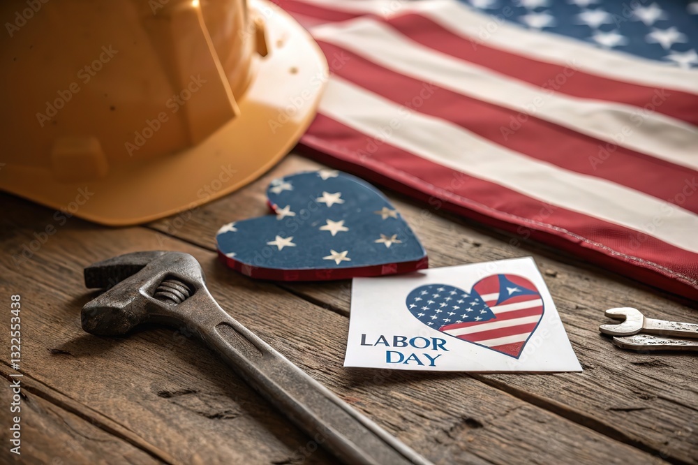 Obraz premium Patriotic labor day still life arrangement with american flag safety hard hat and adjustable wrench on rustic wooden surface