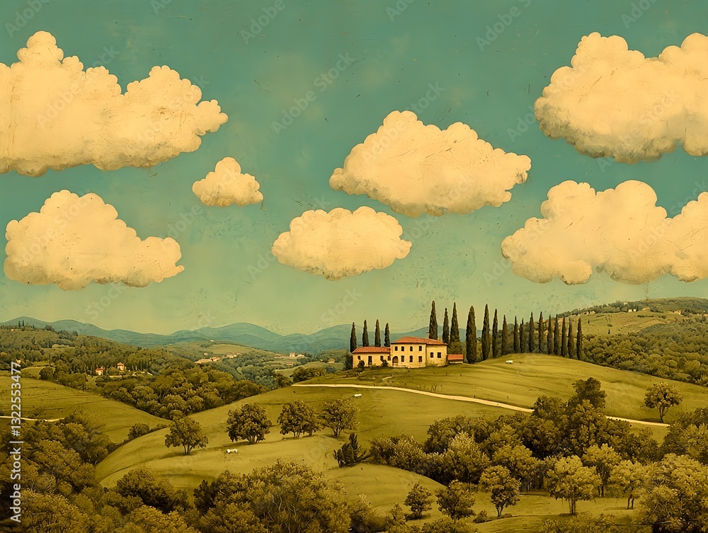 Naklejka premium A surreal illustration of colorful Tuscan villas surrounded by rolling green hills and dramatic white clouds in a dreamlike vineyard landscape