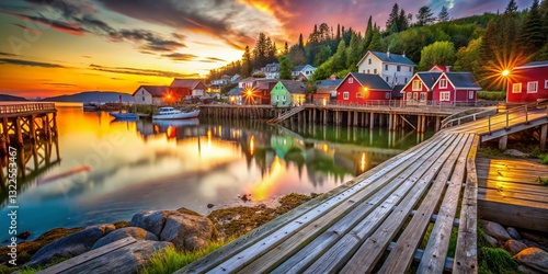 Charming Bay of Fundy Fishing Village at Dusk, Bokeh Lights on Dock Pilings
