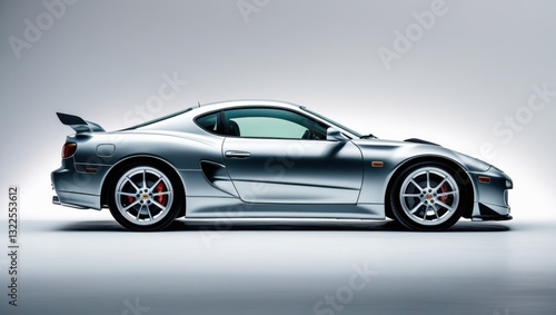 Sleek Silver Sports Car with Curved Lines Displayed Against Clean White Backdrop Showcasing Modern Automotive Design And High Performance Detailing