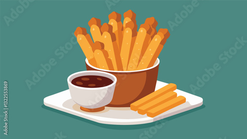 Crunchy fried churros dusted with cinnamon and sugar served with a rich chocolate dipping sauce for a sweet ending to the tapas feast.. Vector illustration