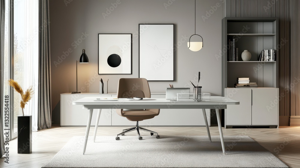 Modern office interior with desk artwork chair and window light Modern office interior with desk artwork chair and window light