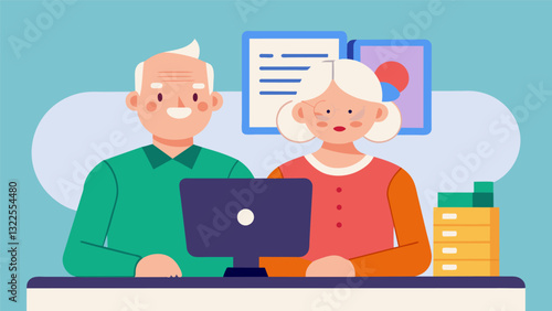 A senior couple sitting side by side at a computer learning how to use a budgeting app to keep their finances organized and in check.. Vector illustration