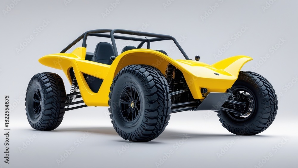 Vibrant Yellow Dune Buggy with Black Wheels and Protective Cage on Gray Backdrop for Off Road Adventure Vibrant Yellow Dune Buggy with Black Wheels and Protective Cage on Gray Backdrop for Off Road Adventure