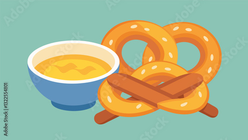 Crunchy pretzel rods served alongside a velvety bowl of warm cheese sauce.. Vector illustration