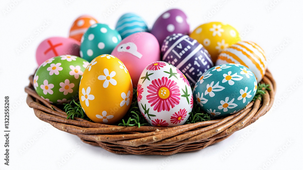 Vibrant Hand-Painted Easter Eggs in a Woven Basket - Perfect for Seasonal Promotions, Greeting Cards, and Digital Projects Vibrant Hand-Painted Easter Eggs in a Woven Basket - Perfect for Seasonal Promotions, Greeting Cards, and Digital Projects