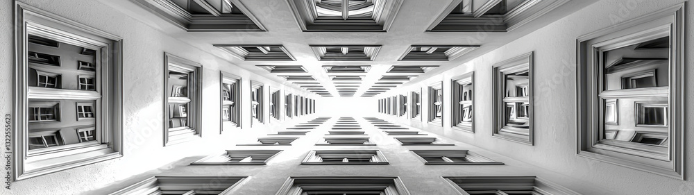 The warped cityscape appears suspended in midair, defying gravity with its surreal inversion