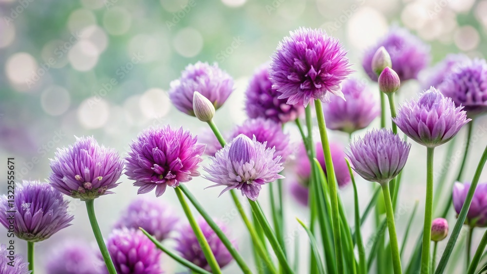 Close-up of Chive Blossoms with Purple Buds, Soft Bokeh Background Close-up of Chive Blossoms with Purple Buds, Soft Bokeh Background
