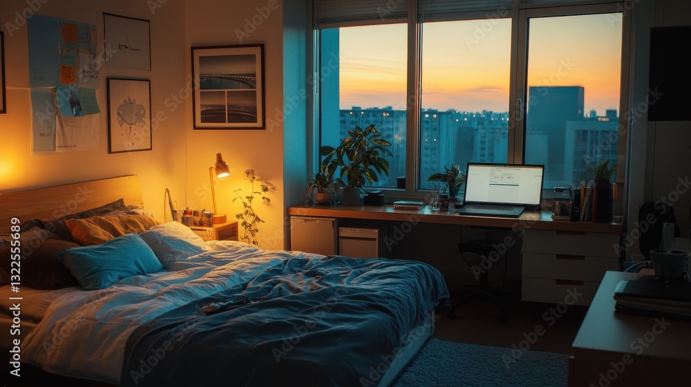 A bedroom with a desk featuring a beautiful sunset view A bedroom with a desk featuring a beautiful sunset view