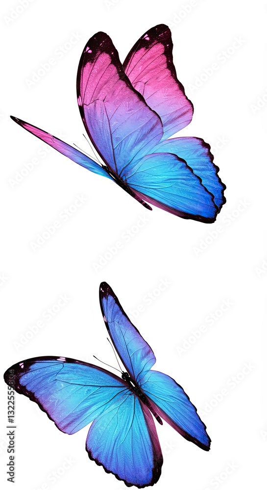Obraz premium Vibrant pink and blue butterflies in flight against white background