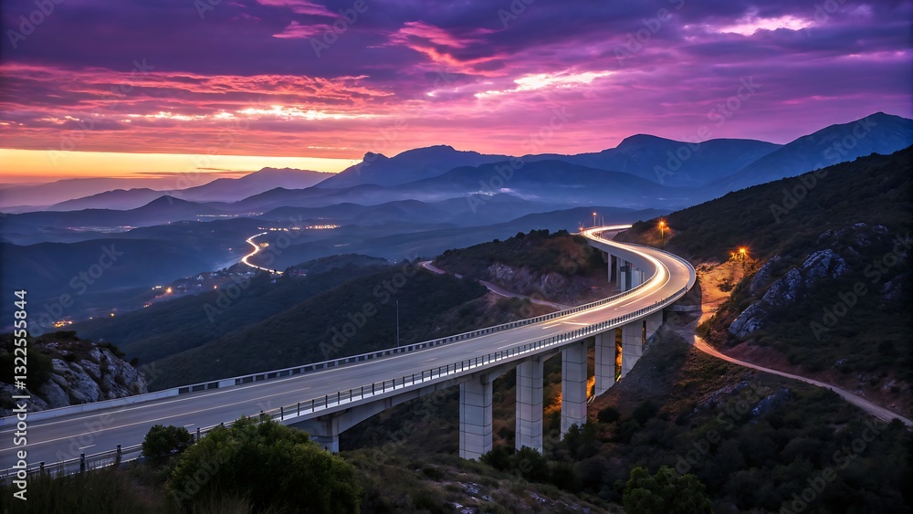 Obraz premium Modern highway winding through mountains dynamic curves vibrant sunset sky engineering meets nature