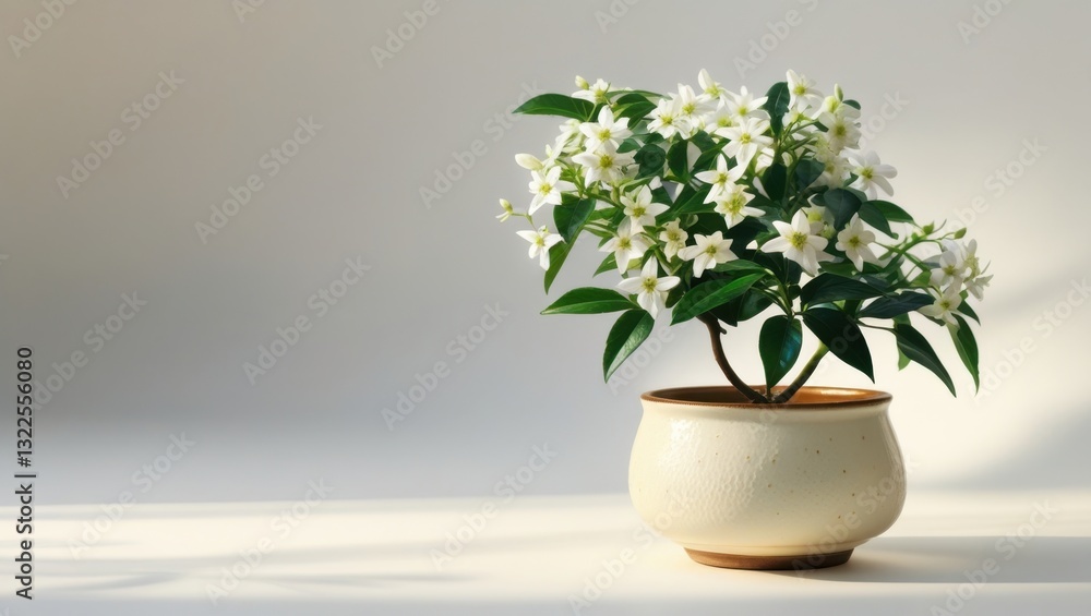 Fototapeta premium Delicate Jasmine Plant with Small White Flowers in Ceramic Pot with Subtle Lighting and Minimalist White Background