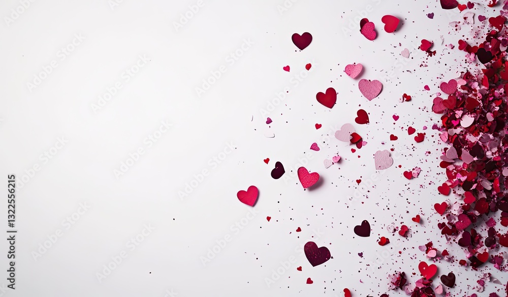 Valentine's Day heart confetti. A delicate scattering of red and pink heart-shaped paper confetti on a white background, creating a romantic and festive atmosphere Valentine's Day heart confetti. A delicate scattering of red and pink heart-shaped paper confetti on a white background, creating a romantic and festive atmosphere