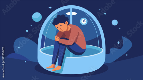 Like being in a co someone feeling comforted and protected as they use a sensory deprivation tank to escape the noise and chaos of the world.. Vector illustration
