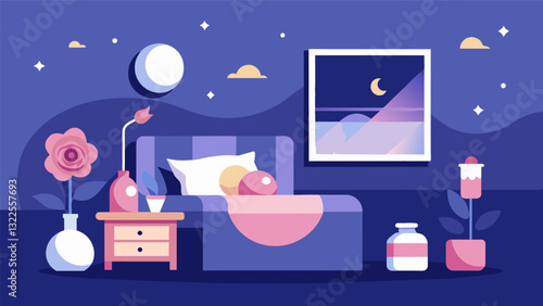 In the bedroom the soft fragrance of rose and jasmine encourages a peaceful nights sleep and sweet dreams.. Vector illustration