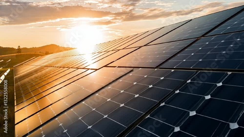 solar panels installed on rooftop generating renewable energy with sunlight reflecting on modern photovoltaic power system  