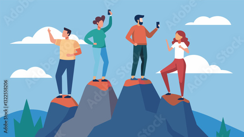 Four friends snapping photos of each other standing atop a rugged peak relishing the opportunity to disconnect from technology and capture memories in the present moment.. Vector illustration