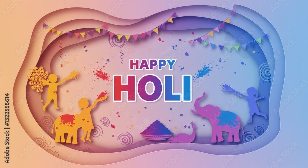 A vibrant Holi-themed greeting card featuring colorful paper cutouts and joyful festive elements. A vibrant Holi-themed greeting card featuring colorful paper cutouts and joyful festive elements.