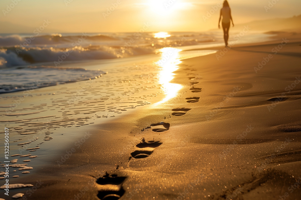 Fototapeta premium Golden sunlight reflects on the sand as footprints trace a serene walk along the beach. A tranquil ocean waves gently in the background, creating an atmosphere of peace and solitude.