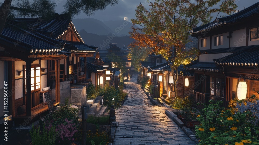 An illuminated nighttime street in a traditional Asian village setting An illuminated nighttime street in a traditional Asian village setting