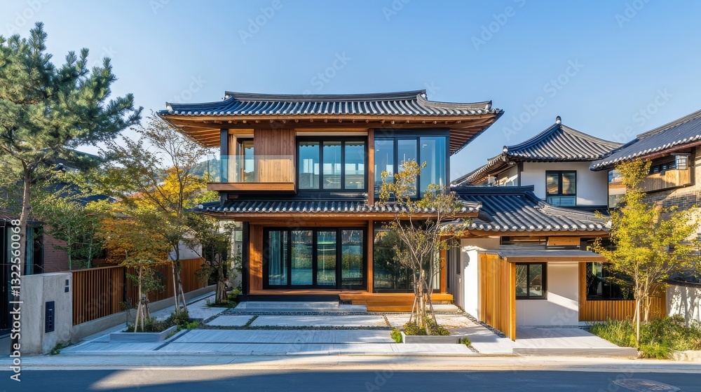 A modern architectural building with traditional asian design elements