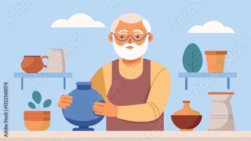 A senior man confidently demonstrating his pottery skills in a handson ceramics class.. Vector illustration