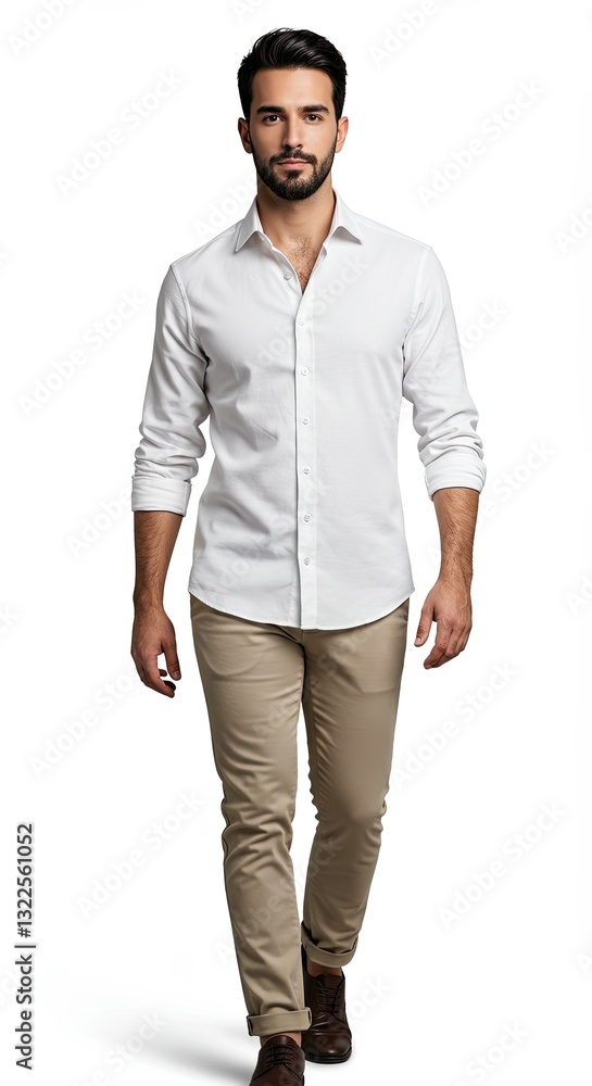 Fototapeta premium Confident man walking in white shirt and khaki pants isolated on white background