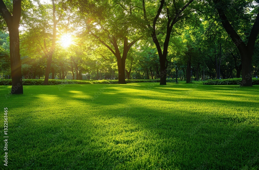Obraz premium Scenic Green Park with Sunlight Filtering Through Trees, Radiating Freshness and Tranquility in a Lush Natural Environment