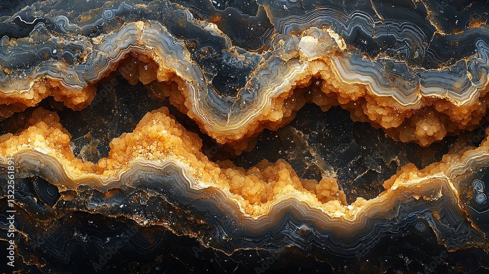 Obraz premium A stunning macro view of a natural stone with intricate black, grey, and yellow swirling patterns, smoothly rotating in a seamless 4K loop