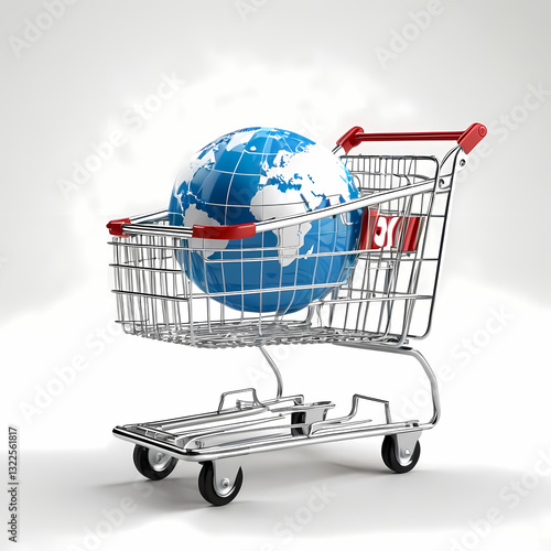 Small shopping cart with globe inside, symbolizing global commerce  