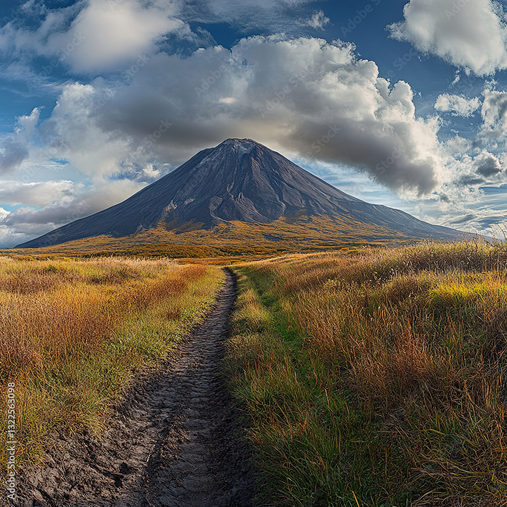 Naklejka premium Eruption of powerful volcano nature landscape stunning viewpoint under dramatic cloudy sky natural beauty