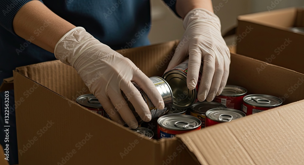 Fototapeta premium Volunteer packing canned goods in cardboard box for food bank or donation drive