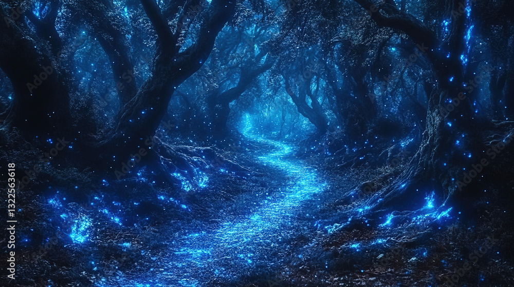 Fototapeta premium Enchanted night journey mystical forest scenic nature photography ethereal glow low angle fantasy concept