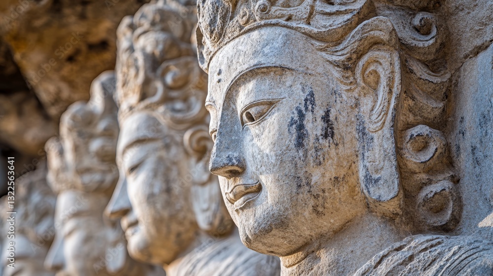 Weathered stone carvings adorning ancient grottoes in Gansu China Wuwei Mountains depicting large detailed figure Weathered stone carvings adorning ancient grottoes in Gansu China Wuwei Mountains depicting large detailed figure