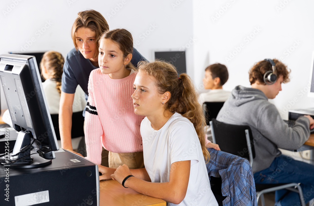 Fototapeta premium Schoolchildren preparing for lessons in the classroom look at the necessary information on the computer