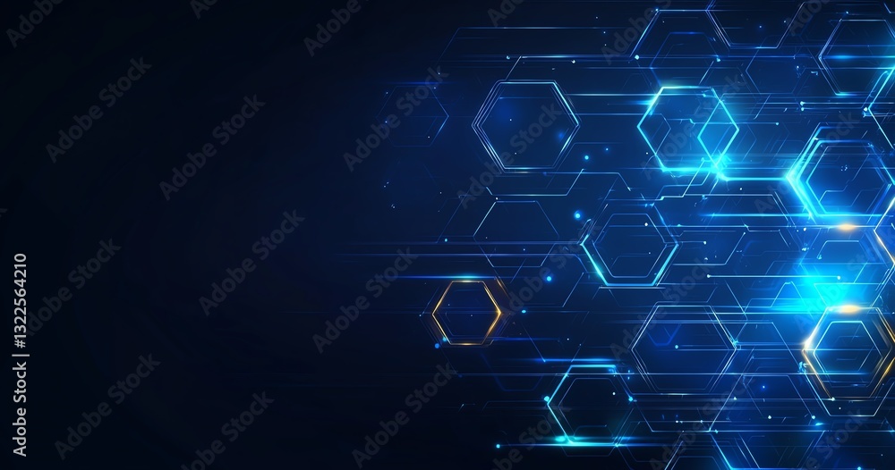 Obraz premium Abstract technological background featuring glowing hexagons and dynamic blue light streaks. Perfect for representing data flow, digital innovation, and advanced computing themes.