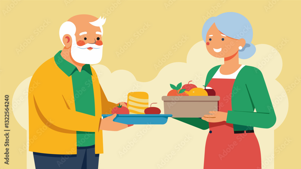A senior couple delivering meals on wheels to homebound individuals brightening their day with a warm meal and friendly conversation.. Vector illustration A senior couple delivering meals on wheels to homebound individuals brightening their day with a warm meal and friendly conversation.. Vector illustration