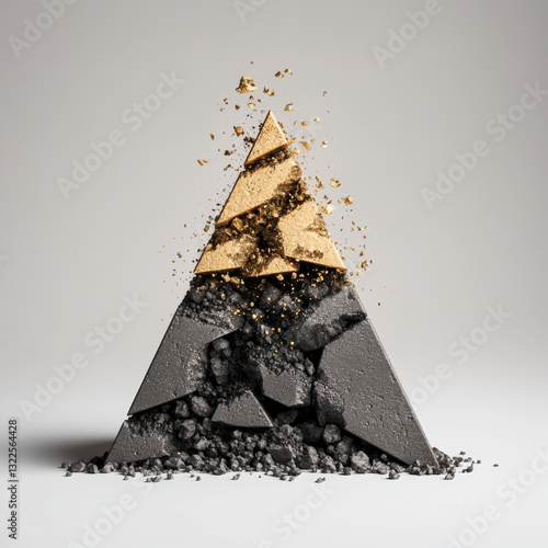 striking pyramid structure with golden top, breaking apart to reveal textured gray base