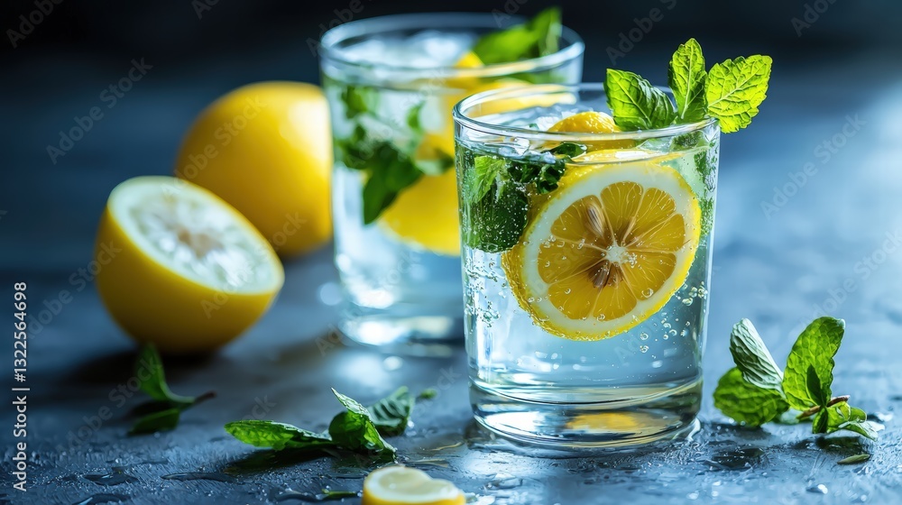 Fototapeta premium Refreshing glass of water infused with lemon and mint leaves perfectly positioned with copy space for textual content
