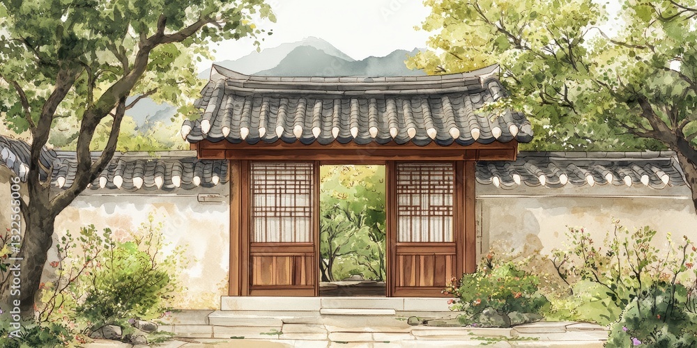 Watercolor painting of a traditional asian style wooden gate Watercolor painting of a traditional asian style wooden gate