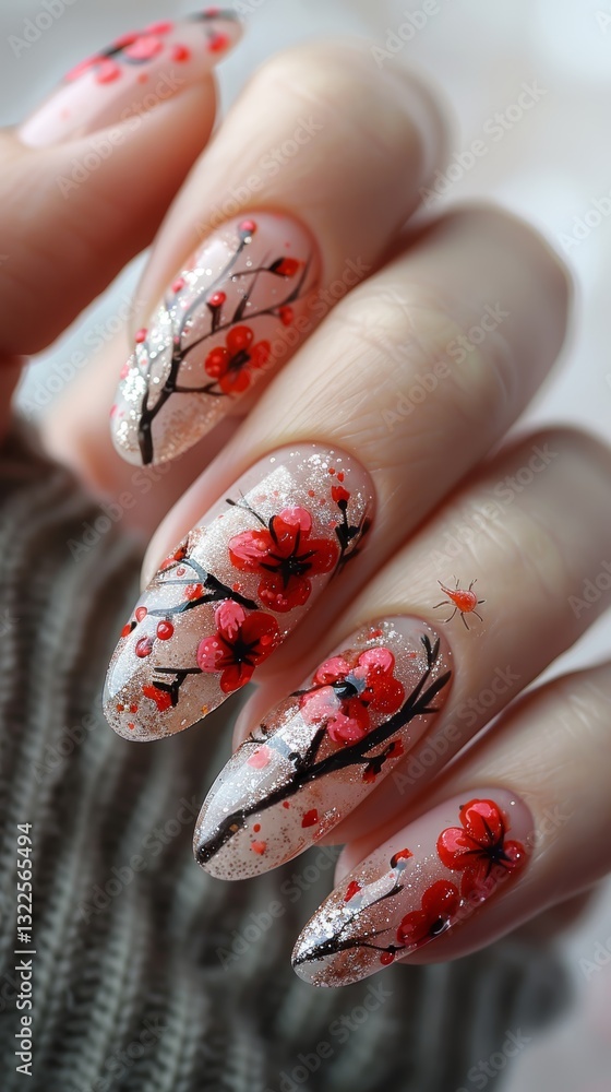 Woman's Hand with Intricate Cherry Blossom Themed Nail Art Woman's Hand with Intricate Cherry Blossom Themed Nail Art