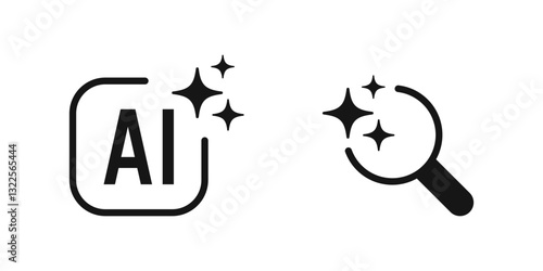 Generative AI logo icon | search icon with magic sparkle stars symbol , Artificial intelligence sign, magnifying glass loupe sign. Vector ai generated icon 