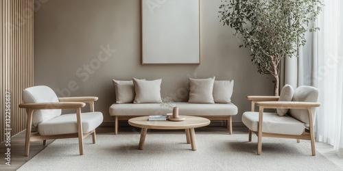 Modern living room furniture arrangement with a natural and clean aesthetic